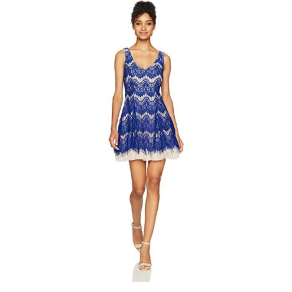 Royal Blue Lace Overlay Tulle Skirt Flounce Hem Fit Flare Dress